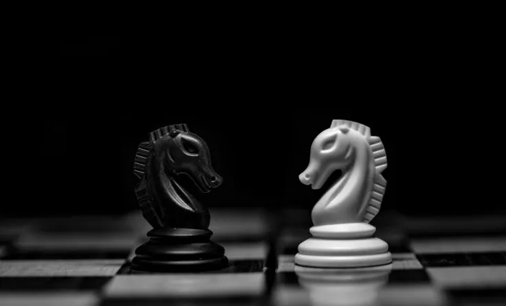 Two wooden horses, representing chess pieces, are placed face to face on a chessboard.