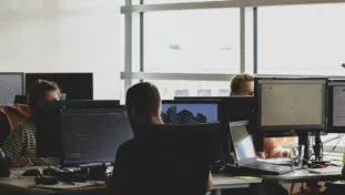 Several people work in an open space, each in front of his or her own computer.