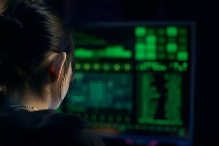 A woman, seen from behind in a dark atmosphere, stands in front of a computer screen.