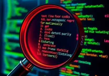 A stylized image of a computer screen with obfuscated code lines or a digital magnifying glass examining code